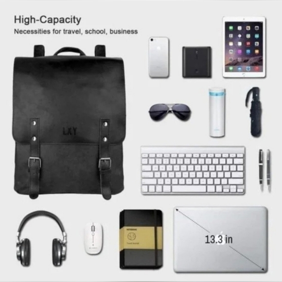 LXY Vegan Leather Backpack Vintage Black LAPTOP - Picture 3 of 16